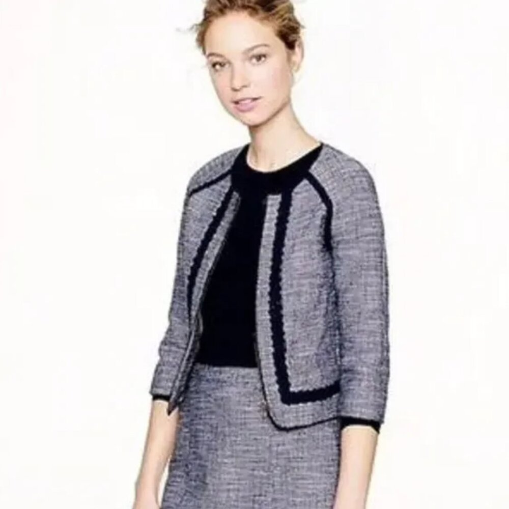 NWT J. Crew Suiting Blazer Womens 00 Blue Tweed Tailored Fit Zip Front Jacket